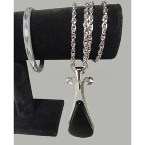 Avon Black Tear Drop Pendant Necklace & Diamond Cut Bangle Bracelet, Vintage